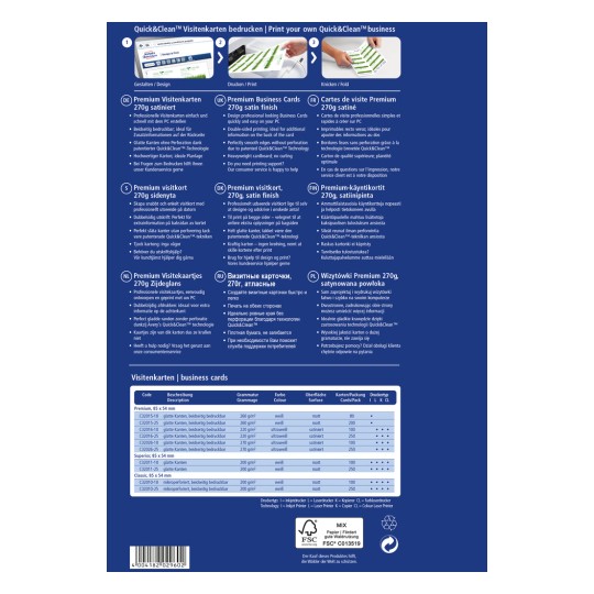 Slika vsebuje informativni list o izdelku za poslovne vizitke Quick&Clean. Podrobno opisuje različne specifikacije, formate in lastnosti vrhunskih poslovnih vizitk, ki so na voljo za tiskanje, vključno z materiali in velikostmi v več jezikih.