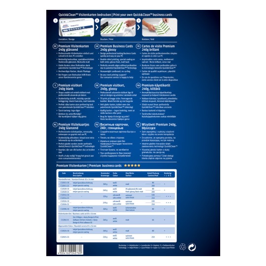 Slika prikazuje različne vrhunske vizitke v različnih obdelavah in težah, skupaj z opisi in specifikacijami v več jezikih. Ponuja podrobnosti o tiskarskih storitvah in možnostih za ustvarjanje personaliziranih vizitk.