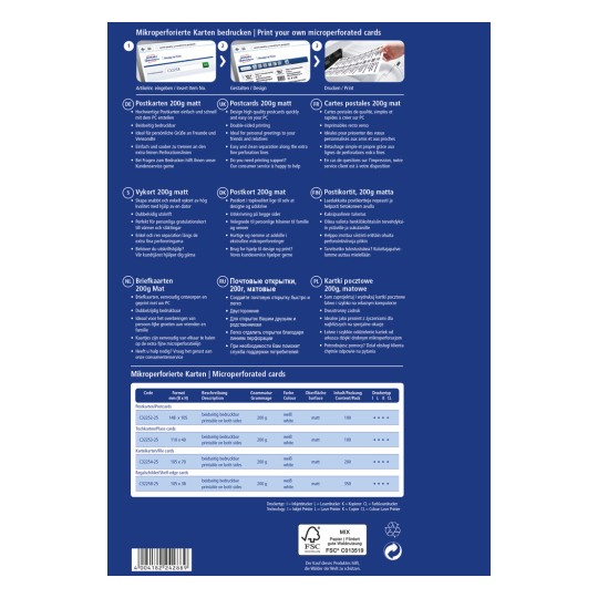 Informativna grafika o tiskanju mikroperforiranih kartic, ki vsebuje navodila in podrobnosti v več jezikih glede specifikacij razglednic, vključno z dimenzijami, težo in nasveti za tiskanje.