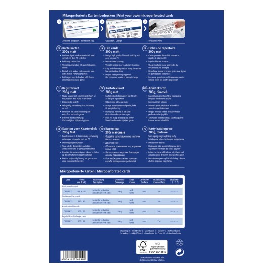 Slika prikazuje informacije o mikroperforiranih karticah, vključno z opisi, velikostmi in navodili za oblikovanje in tiskanje v več jezikih.