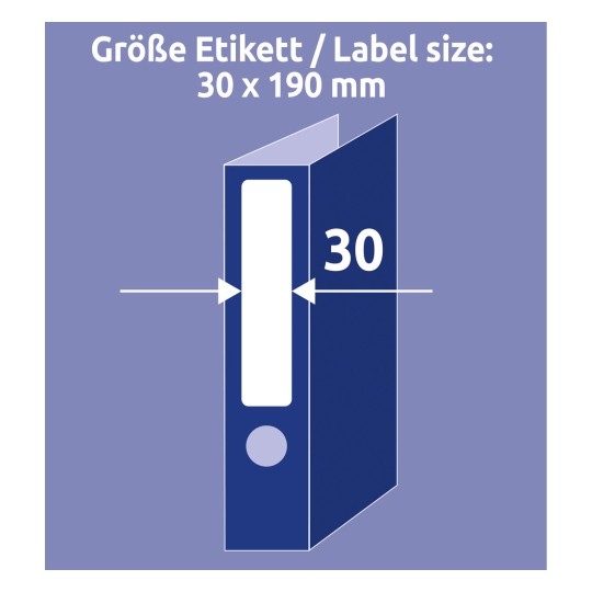 Slika prikazuje specifikacijo velikosti nalepke 30 x 190 mm, z vizualnim prikazom položaja nalepke na hrbtišču veznika.