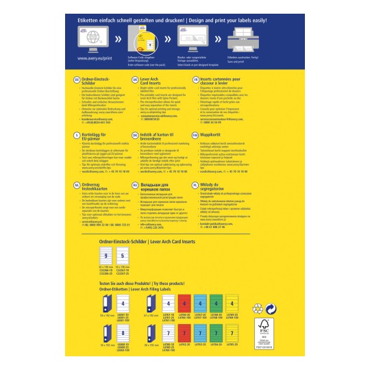 Slika prikazuje promocijski pregled Averyjevih kartonastih vložkov za registratorje, vključno z različnimi velikostmi in informacijami v več jezikih. Poudarja navodila za oblikovanje in tiskanje profesionalnih etiket ter vsebuje kontaktne podatke za pomoč strankam.