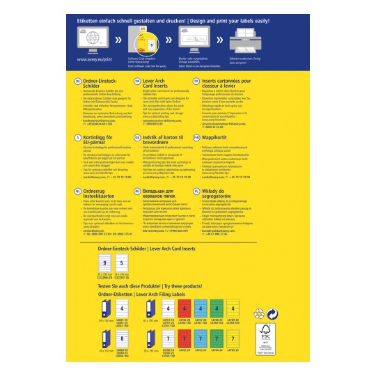 Ta slika prikazuje večjezični letak ali brošuro za izdelke Avery, s posebnim poudarkom na karticah za vstavitev v registrator in sorodnih organizacijskih orodjih za dokumente. Vključuje navodila, nasvete za optimalno tiskanje in različne ilustracije izdelkov.