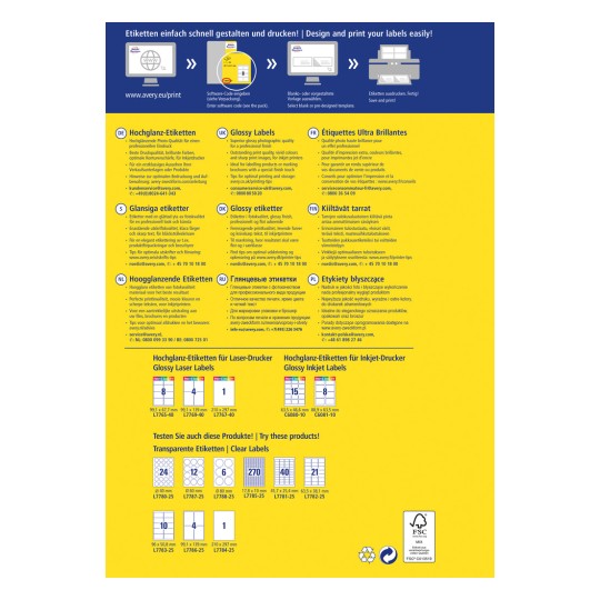 Slika vsebuje postavitev za oblikovanje in tiskanje etiket, ki vključuje različne vrste etiket v več jezikih, vključno s podrobnostmi o sijajnih etiketah in nasveti za optimalno tiskanje.