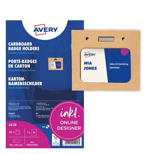 Embalaža kartonskih držal za značke Avery z vzorčno značko in veliko številko 8?
