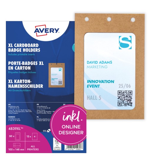 Slika embalaže s kartonskim listom: Avery Zweckform žepki za imenska obeležja veliki, artikel: 4839XL, format: 105 x 148 mm, primerno za tisk: laserski črno-beli, barvni laserski tiskalnik, inkjet, laser, vsebina: 50 imenskih obeležij / 52 vstavnih obeležij / 13 listov.