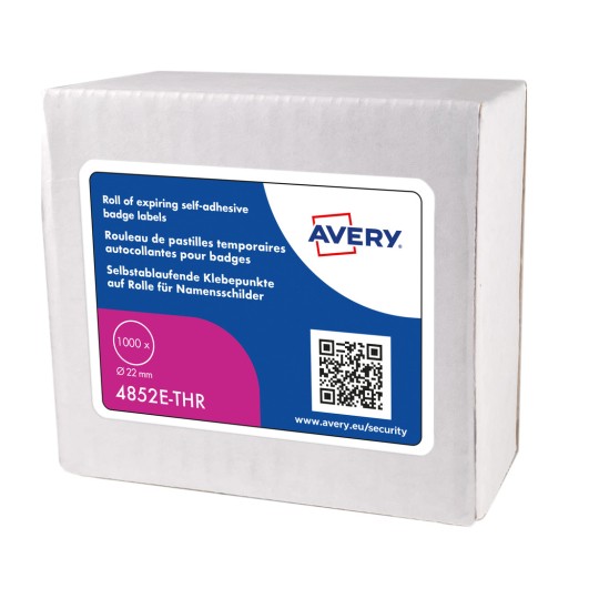 Škatla, ki vsebuje rolico samolepilnih oznak za priponke znamke Avery, označenih za iztekajočo uporabo, velikosti 22 mm in vsebuje 1000 oznak.