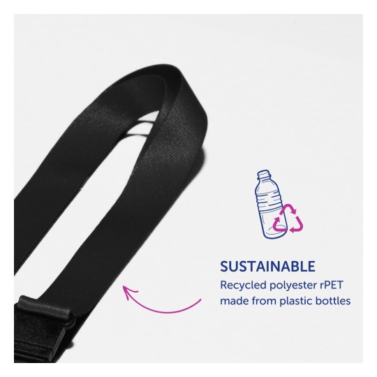 Slika prikazuje črni trak z napisom 'SUSTAINABLE', izdelan iz recikliranega poliestra rPET, z ilustracijo plastične steklenice in puščicami za recikliranje. Poudarja okoljske prednosti ponovne uporabe plastike.
