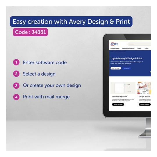 Slika prikazuje računalniški zaslon z odprto programsko opremo Avery Design & Print. Poudarja enostavne korake za izdelavo lastnih nalepk in voščilnic, ki vključujejo vnos programske kode, izbiro dizajna, ustvarjanje lastnega dizajna in tiskanje z združevanjem pošte.