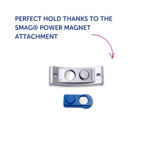 Slika prikazuje dva magnetna nastavka za napravo. Eden je večji in srebrn, medtem ko je manjši moder. Besedilo promovira magnetni nastavek SMAG® Power Magnet za popoln oprijem.