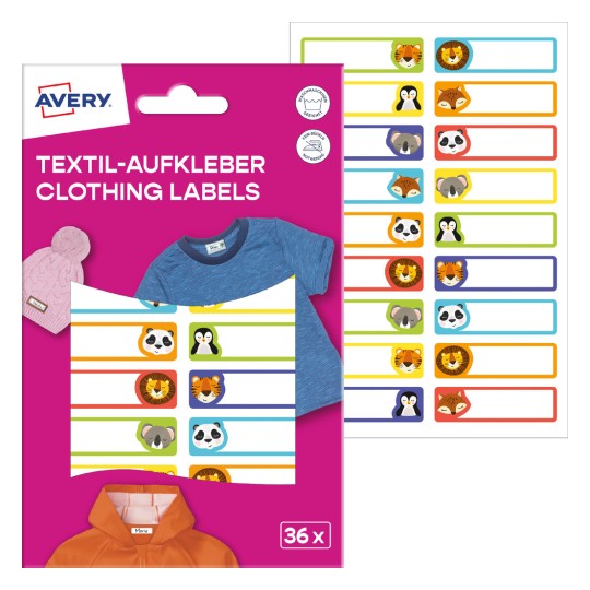 Paketna slika z listom z etiketami: Avery tekstilne etikete, artikel: ETVET36A, format: 13 x 45 mm, vsebina: 36 etiket / 2 lista, 18 etiket/list?