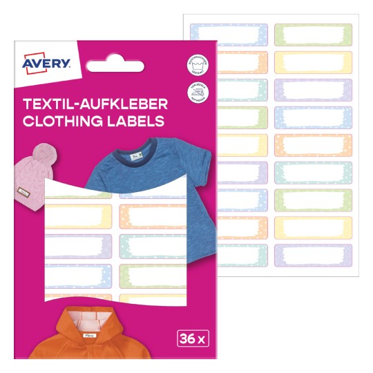 Pakiranje s listom etiket: Avery tekstilne etikete, Artikel: ETVET36M, Format: 13 x 45 mm, Vsebina: 36 etiket / 2 lista, 18 etiket na list?