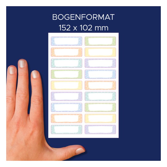 Primerjava velikosti z roko, artikel: ETVET36M, en list tekstilnih etiket, format: 13 x 45 mm, barva: ?