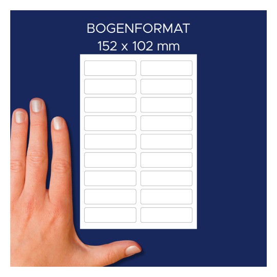 Primerjava velikosti z roko, Artikel: ETVET36, en list tekstilnih etiket, format: 13 x 45 mm, barva: ?