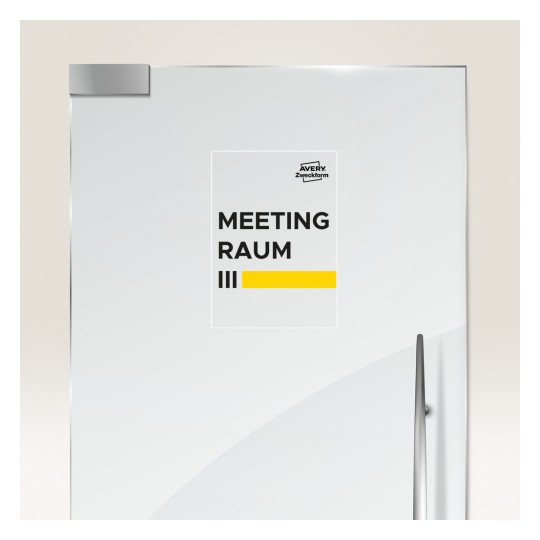 Slika prikazuje vrata z napisom 'MEETING RAUM III' poleg rumene črte in logotipa 'Avery Zweckform'.
