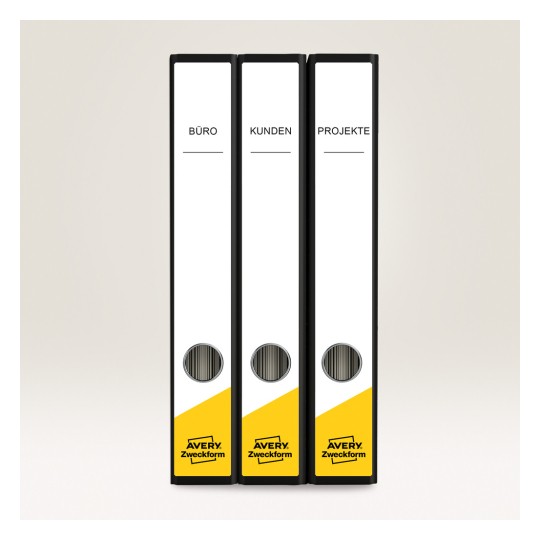 The image displays three black binders labeled 'BÜRO', 'KUNDEN', and 'PROJEKTE' with a yellow design at the bottom.