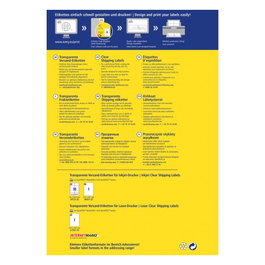 Slika vsebuje informacije o prozornih transportnih nalepkah Avery v več jezikih. Vključuje nasvete za tiskanje, podrobnosti o izdelku in kontaktne informacije za podporo strankam.