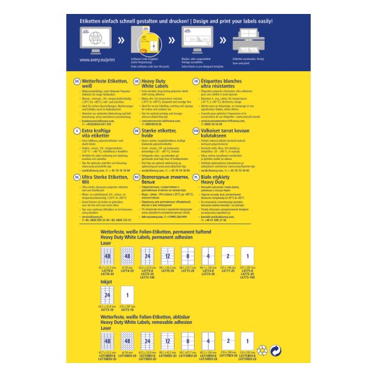 Slika prikazuje različne vrste Avery nalepk s specifikacijami v več jezikih. Vključuje podrobnosti o vremensko odpornih nalepkah, belih visokozmogljivih nalepkah in njihovi združljivosti z laserskimi in brizgalnimi tiskalniki. Postavitev vključuje velikosti nalepk in produktne kode.