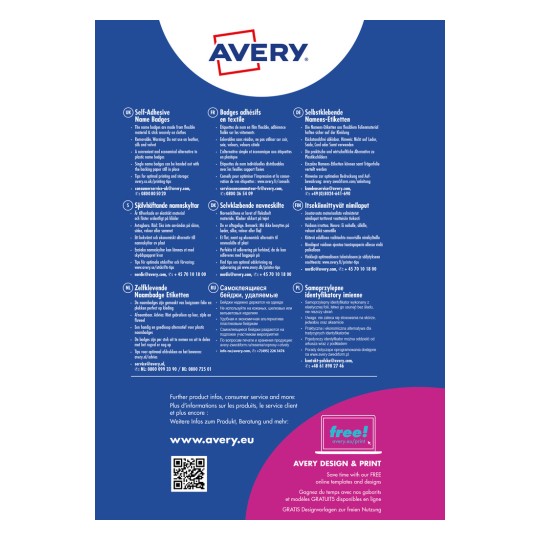 Slika vsebuje informacije o Avery samolepilnih imenskih značkah v več jezikih, ki podrobno opisujejo njihove značilnosti, nasvete za uporabo in kontakte za storitve za stranke.