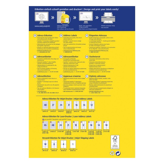 Slika prikazuje različne možnosti naslovnih etiket in nasvete za tiskanje znamke Avery. Vključuje informacije v več jezikih in tabelo z dimenzijami etiket za brizgalne in laserske tiskalnike.