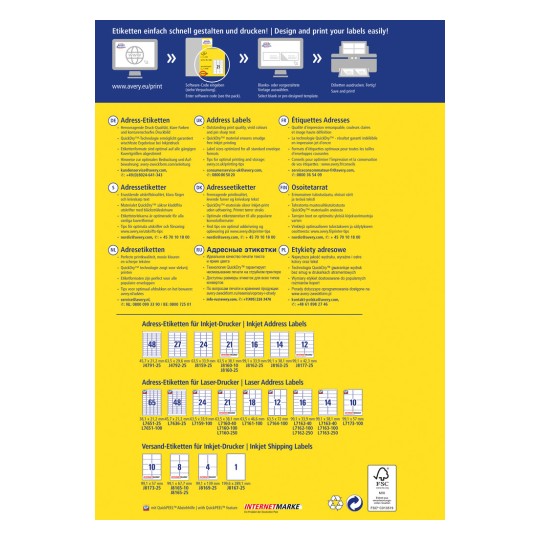 Slika je informativna grafika o oblikovanju in tiskanju etiket. Vključuje besedilo v več jezikih, ki ponuja nasvete, kontaktne informacije in specifikacije za naslove in pošiljke etiket. Prikazuje formate in velikosti etiket za brizgalne in laserske tiskalnike.