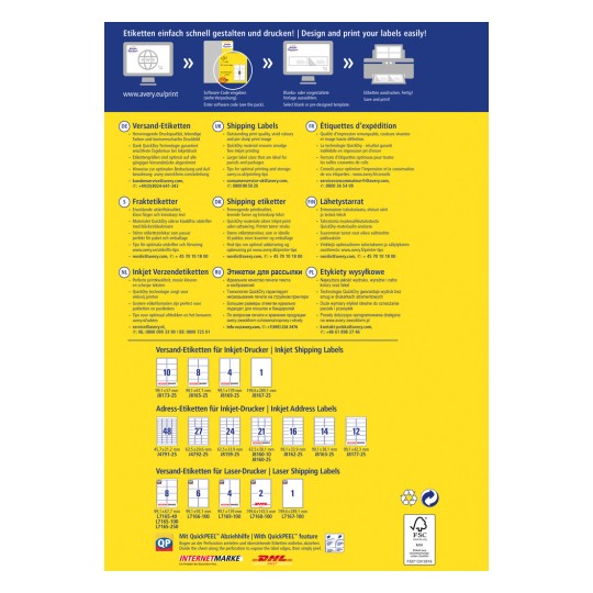 Slika je informativna grafika o oblikovanju in tiskanju etiket, ki vsebuje različne tipe etiket in njihove specifikacije, navodila v več jezikih ter informacije o podjetju.