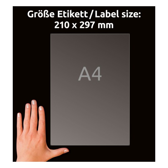 Slika prikazuje roko, ki drži list papirja velikosti A4, z označenimi dimenzijami 210 x 297 mm. Ozadje je črno, kar poudarja papir in roko.