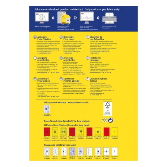Slika prikazuje vodnik za tiskanje etiket in informacije o izdelku za odstranljive cenovne etikete, vključno z lastnostmi in dimenzijami v različnih jezikih.