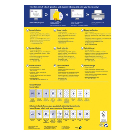 Slika vsebuje informacije o oblikovanju in tiskanju okroglih nalepk, vključno z nasveti za optimalno tiskanje in različne velikosti nalepk v različnih jezikih.