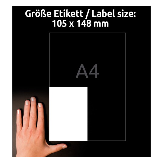 Slika prikazuje roko poleg praznega referenčnega okvirja za velikost nalepke z dimenzijami 105 x 148 mm, kar prav tako označuje velikost A4.