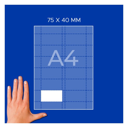 Roka poleg diagrama lista A4 z mrežo, belim pravokotnikom in oznako »75 × 40 mm«?