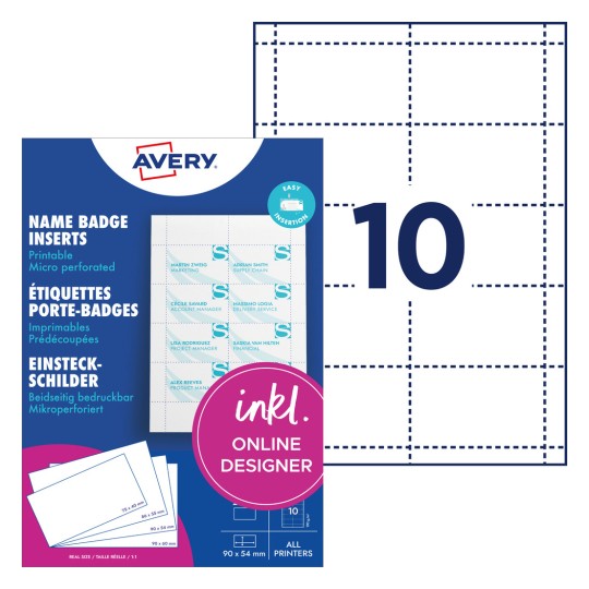 Slika embalaže z etiketnimi listi: Avery Zweckform, artikel: L4727-20, vstavljivi kartončki, format: 54 x 90 mm, primernost za tisk: brizgalni tiskalnik, barvni laserski tiskalnik, črno-beli laserski tiskalnik, kopirni stroj, vsebina: 200 vstavljivih kartončkov / 20 listov, 10 kartončkov/list.