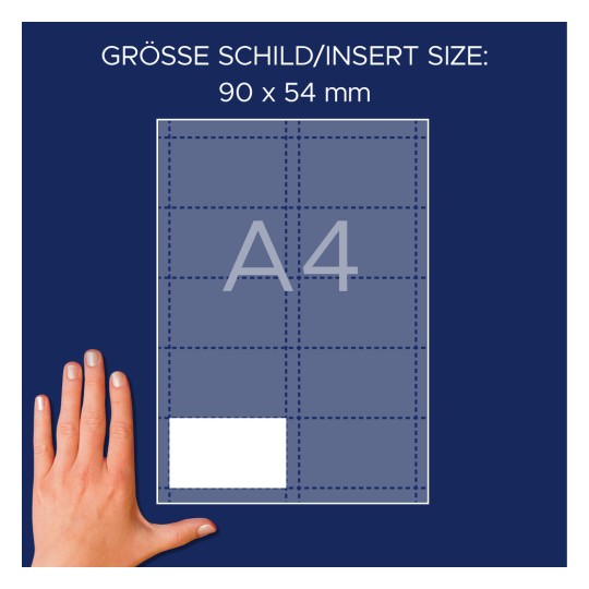 Primerjava velikosti z roko, izdelek: L4727-20, en list vstavljivih etiket, dimenzija: 54 x 90 mm, barva: bela?