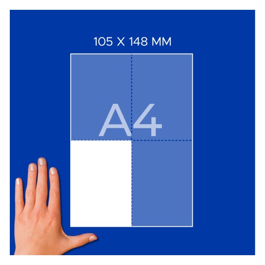 Roka ob diagramu papirja formata A4 z oznako 105 × 148 mm in mrežo četrtin?