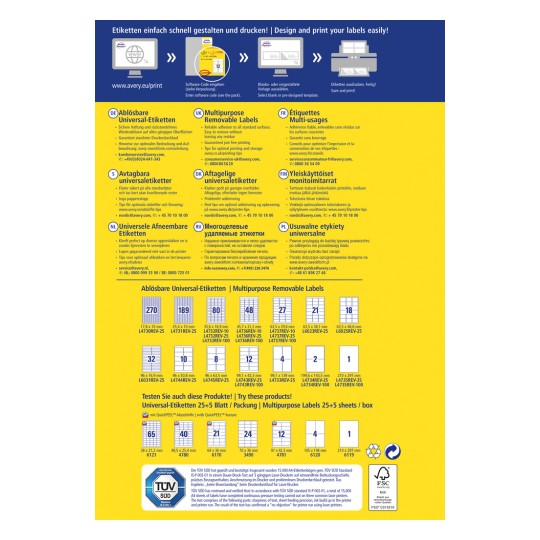Ta slika je informativni plakat podjetja Avery, ki podrobno opisuje večnamenske odstranljive etikete. Vključuje navodila za možnosti oblikovanja in tiskanja v več jezikih, skupaj s specifikacijami in podrobnostmi o izdelku.