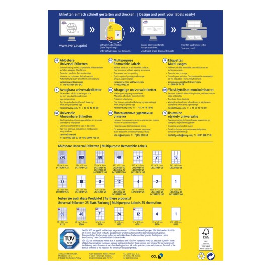 Informativni dokument o odstranljivih nalepkah podjetja Avery, ki opisuje lastnosti izdelka, dimenzije in navodila za tiskanje v več jezikih.