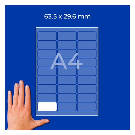 Diagram lista nalepk A4 z nalepkami velikosti 63,5 × 29,6 mm in levo roko za merilo?