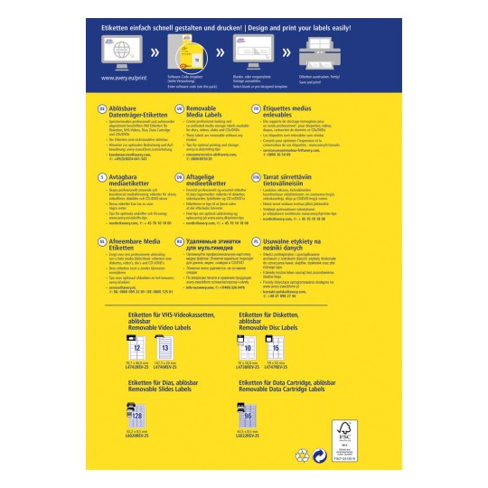 Slika vsebuje oznake in navodila za oblikovanje in tiskanje odstranljivih etiket na več jezikih, vključno s podrobnostmi o velikostih in vrstah etiket, ki so na voljo za različne medijske formate, kot so diski, VHS kasete in DVD-ji.