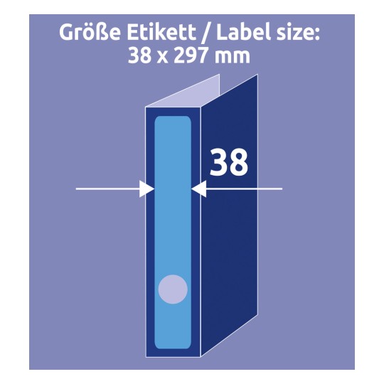 Slika prikazuje zbirni blok z dimenzijami, označenimi kot 38 x 297 mm, kar označuje velikost za nalepko.