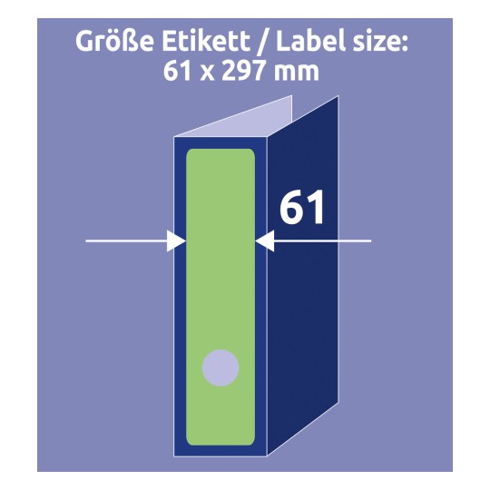 Slika prikazuje specifikacijo velikosti nalepke 61 x 297 mm za mapo za dokumente, prikazano z zeleno nalepko in modrim dizajnom mape.