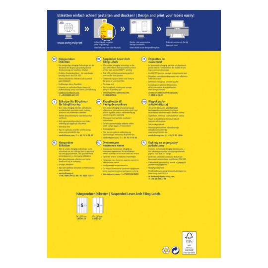 Slika vsebuje informacije o visečih registratorskih etiketah, vključno z opisi v več jezikih ter navodili za oblikovanje in tiskanje. Vključuje podrobnosti o edinstveni tehnologiji, ki stoji za etiketami, in nasvete za optimalno tiskanje in shranjevanje.