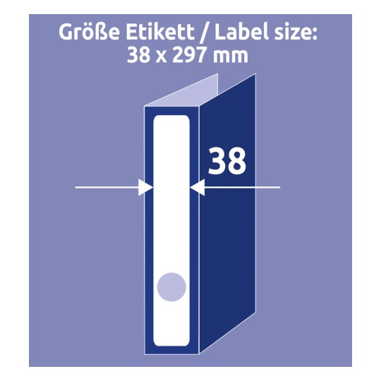 Ilustracija prikazuje specifikacijo velikosti etikete za vezivo, z dimenzijami 38 x 297 mm in vizualno predstavitev postavitve etikete.