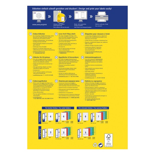 Slika vsebuje informacije o rešitvah za tiskanje etiket podjetja Avery. Vsebuje navodila, tehnične opise izdelkov in priporočila za oblikovanje v več jezikih. Našteti so različni formati etiket za mape ter nasveti za optimalno tiskanje in shranjevanje.