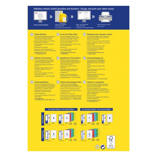Slika vsebuje vodnik za tiskanje etiket v več jezikih. Ponuja podrobnosti o tem, kako oblikovati in tiskati etikete z uporabo Avery izdelkov, vključno z nasveti za različne velikosti map in optimalne prakse tiskanja.