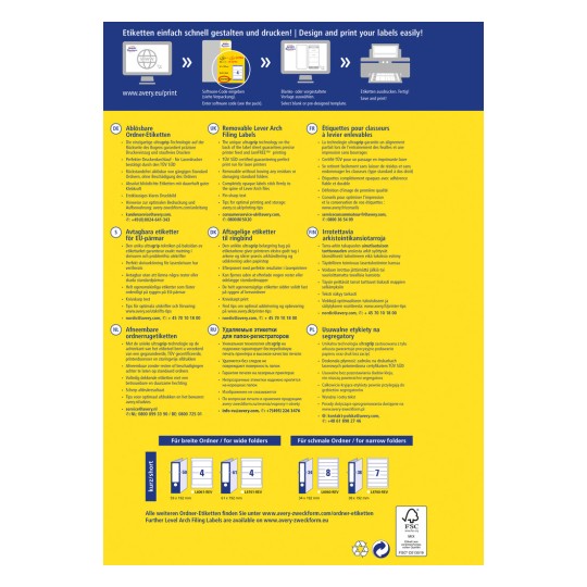 Slika prikazuje različne nalepke za veziva, vključno z odstranljivimi nalepkami za registratorje z vzvodom. Vključuje večjezična navodila za oblikovanje in tiskanje, specifikacije velikosti ter povezave za več informacij.