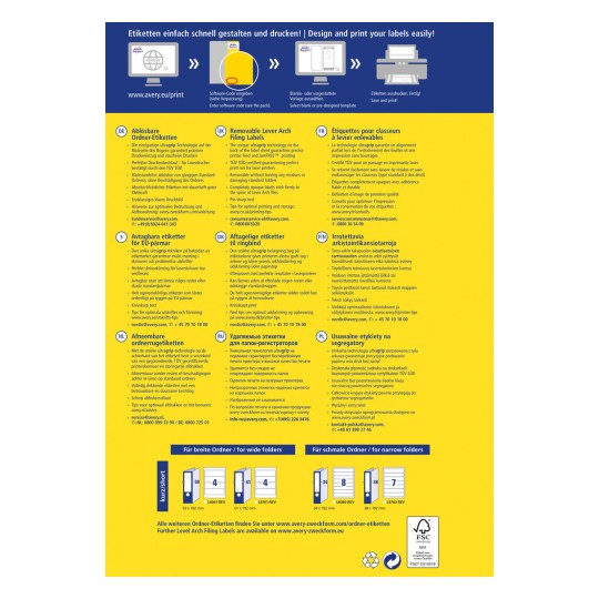 Slika je večjezični promocijski dokument o odstranljivih etiketah za vložne mape podjetja Avery. Vključuje navodila za oblikovanje, tiskanje in lastnosti izdelka, predstavljene v različnih jezikih, kot so nemščina, angleščina, francoščina in drugi. Etikete so zasnovane za vložne mape in ponujajo prednosti, kot je odstranitev brez ostankov.