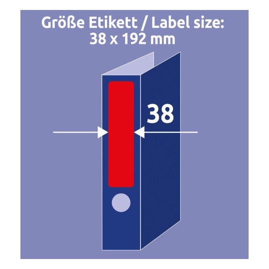 Slika prikazuje specifikacijo velikosti nalepke 38 x 192 mm, prikazano na fasciklu. Vključuje rdečo nalepko na hrbtu z označenimi dimenzijami, ki poudarjajo širino 38 mm.