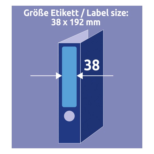 Slika prikazuje nalepko velikosti 38 x 192 mm, ilustrirano z grafiko mape. Dimenzije so poudarjene v čistem, jasnem dizajnu z modrim ozadjem.