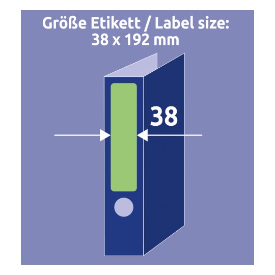 Slika prikazuje diagram, ki označuje velikost nalepke 38 x 192 mm, zeleno območje predstavlja nalepko, puščice pa kažejo meritve.