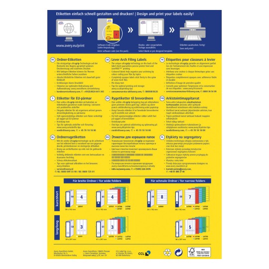 Informativna zloženka o Avery izdelkih za oblikovanje in tiskanje nalepk. Vključuje večjezična navodila in šifre izdelkov za različne velikosti nalepk za organizacijo map.